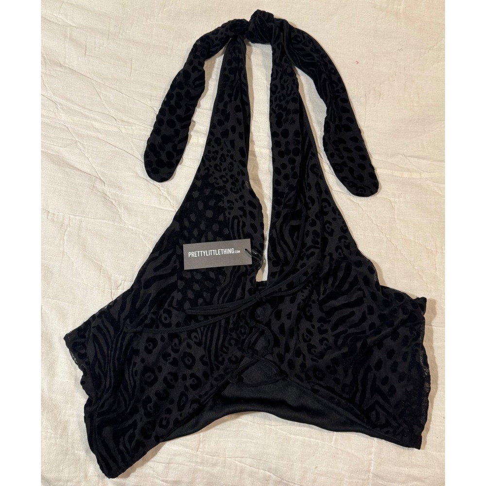 NWT‎ PrettyLittleThing Plus Black Devore Lace Up Halter Top Animal Print US 14